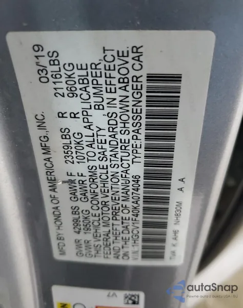 2019 Honda Accord Ex z USA, uszkodzony, nr VIN 1HGCV1F40KA074046